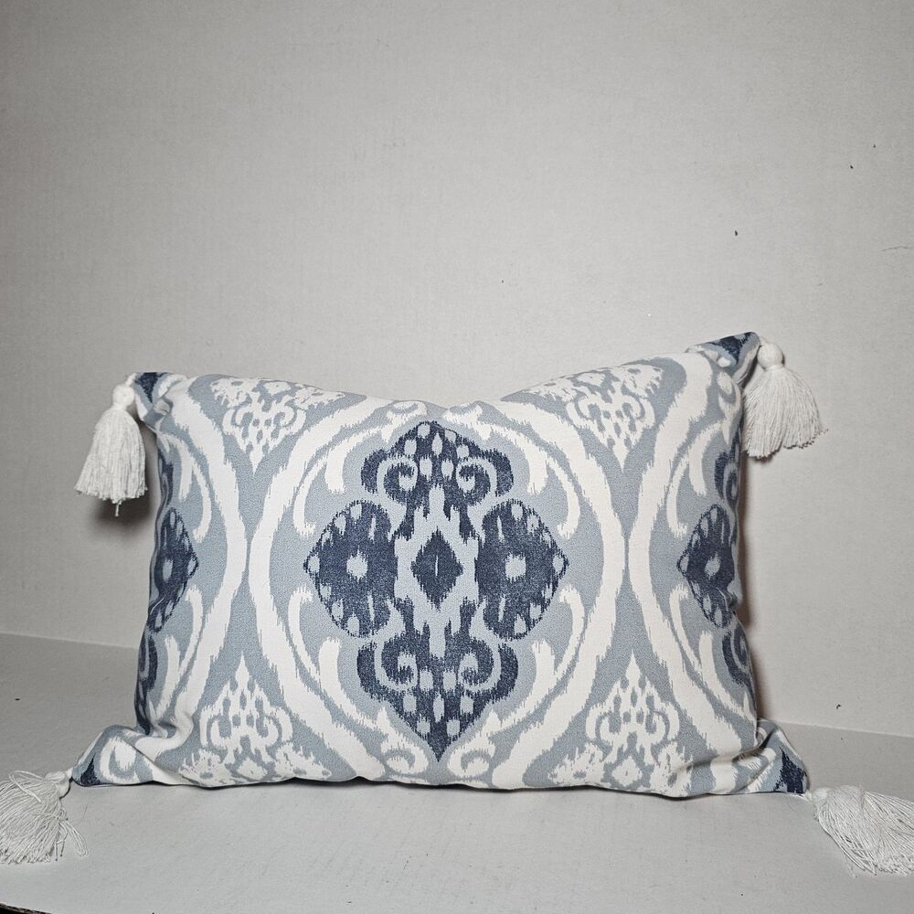 Broyhill Ikat Pattern Blue And White Decorative Throw Pillow Tassle